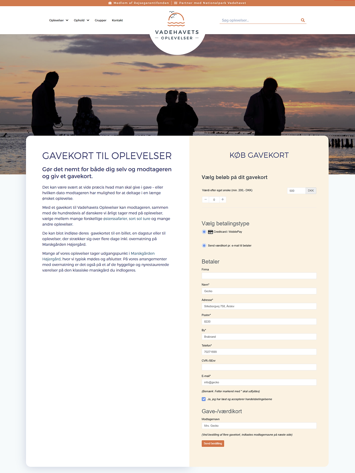 Gavekortside hos Vadehavets Oplevelser
