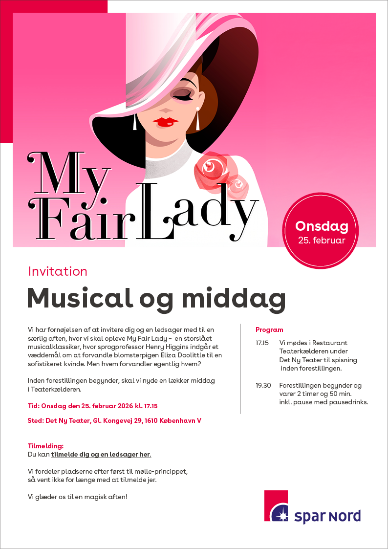 Mailinvitation til musicalen My Fair Lady sendt til medarbejdere hos Spar Nord København Erhverv