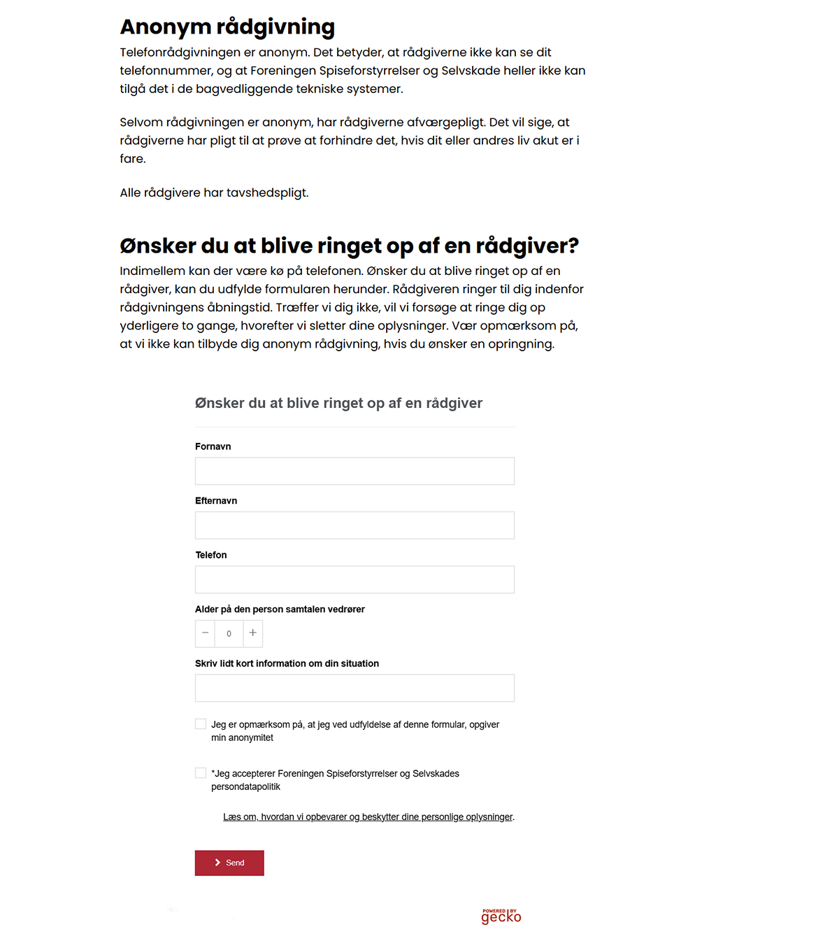 Tilmeldingsformular til venteliste til opkald fra rådgiver hos Foreningen Spiseforstyrrelser og Selvskade