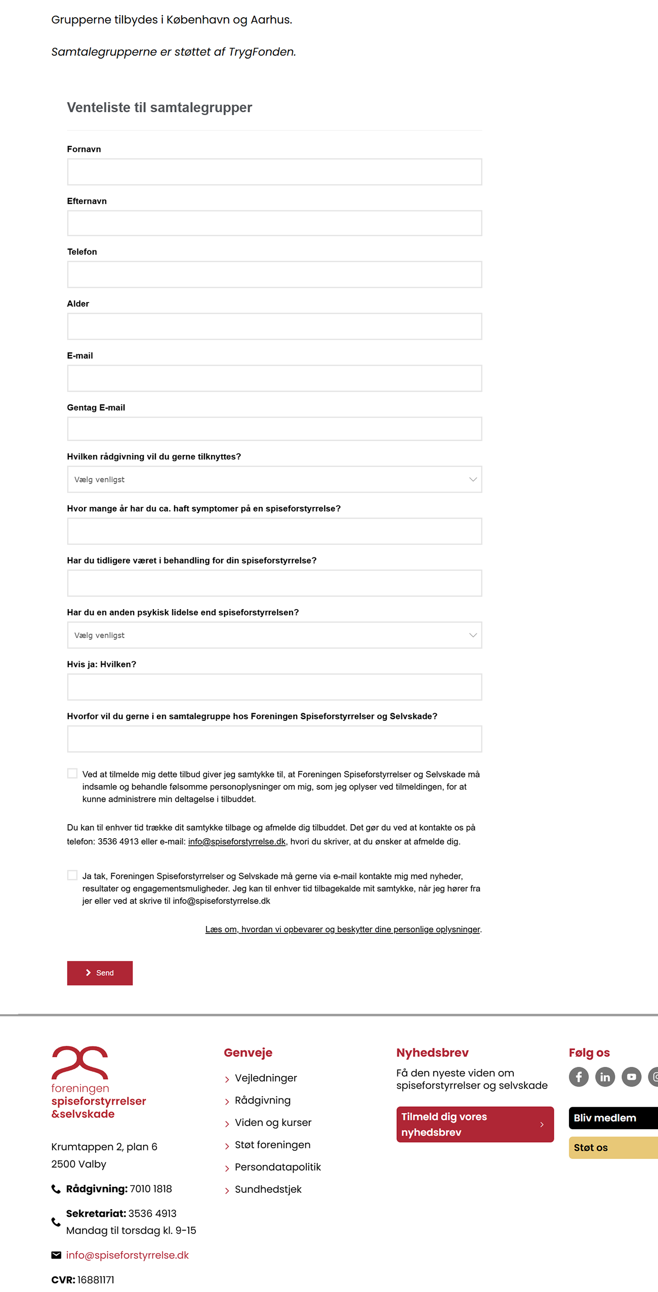 Tilmeldingsformular til venteliste til samtalegrupper