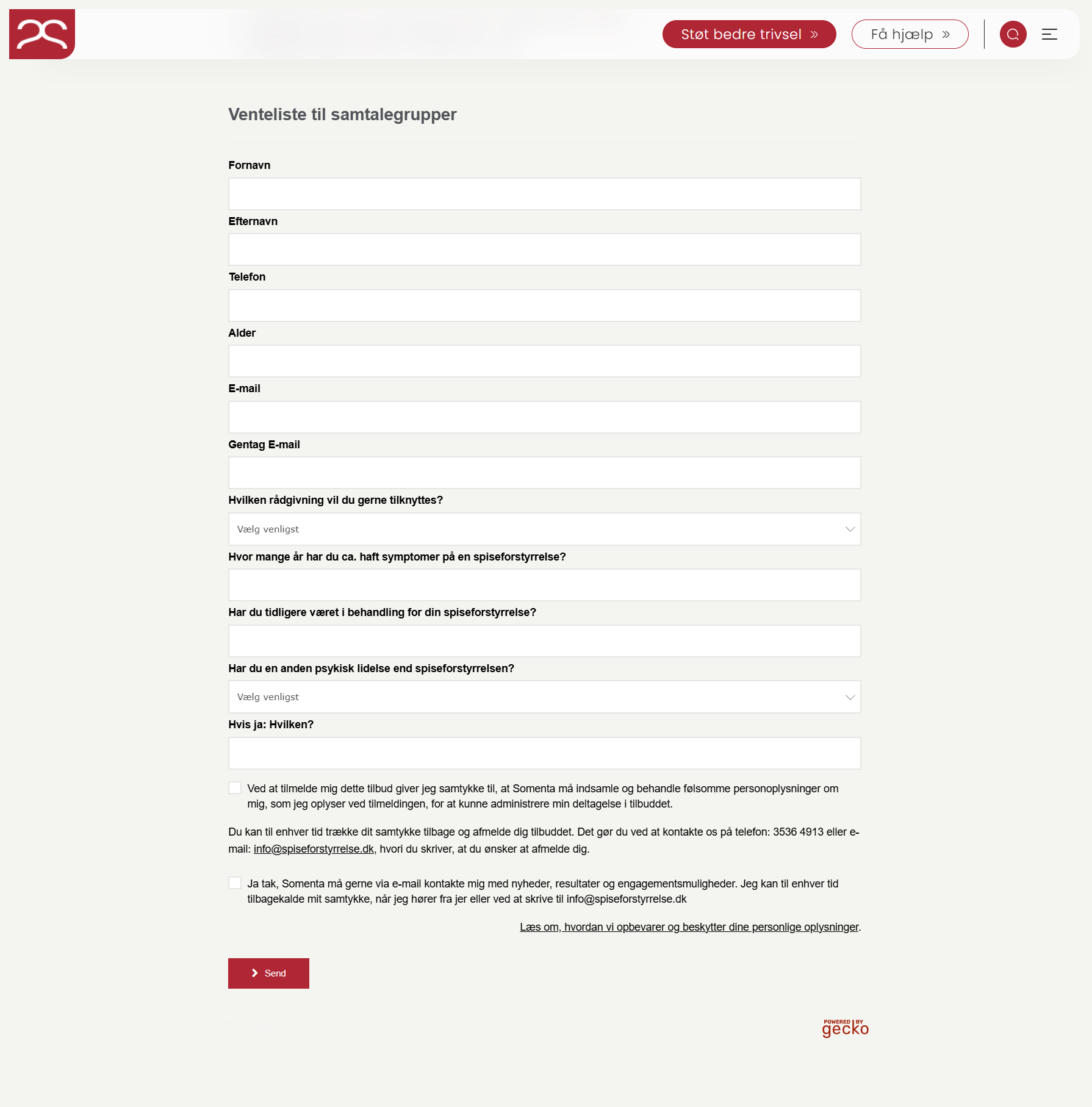 Tilmeldingsformular til venteliste til samtalegrupper hos Foreningen Somenta