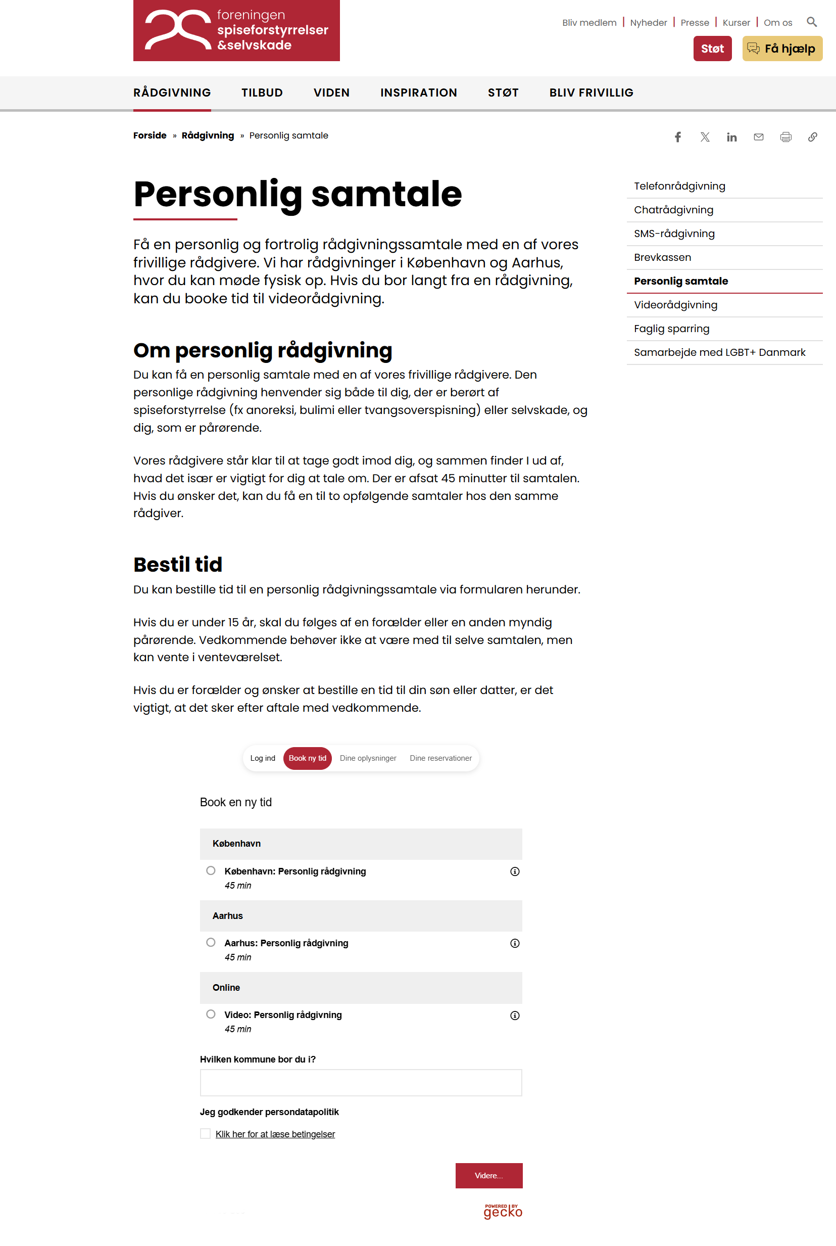 Bookingflow for personlig samtale med rådgiver i Foreningen Spiseforstyrrelser og Selvskade