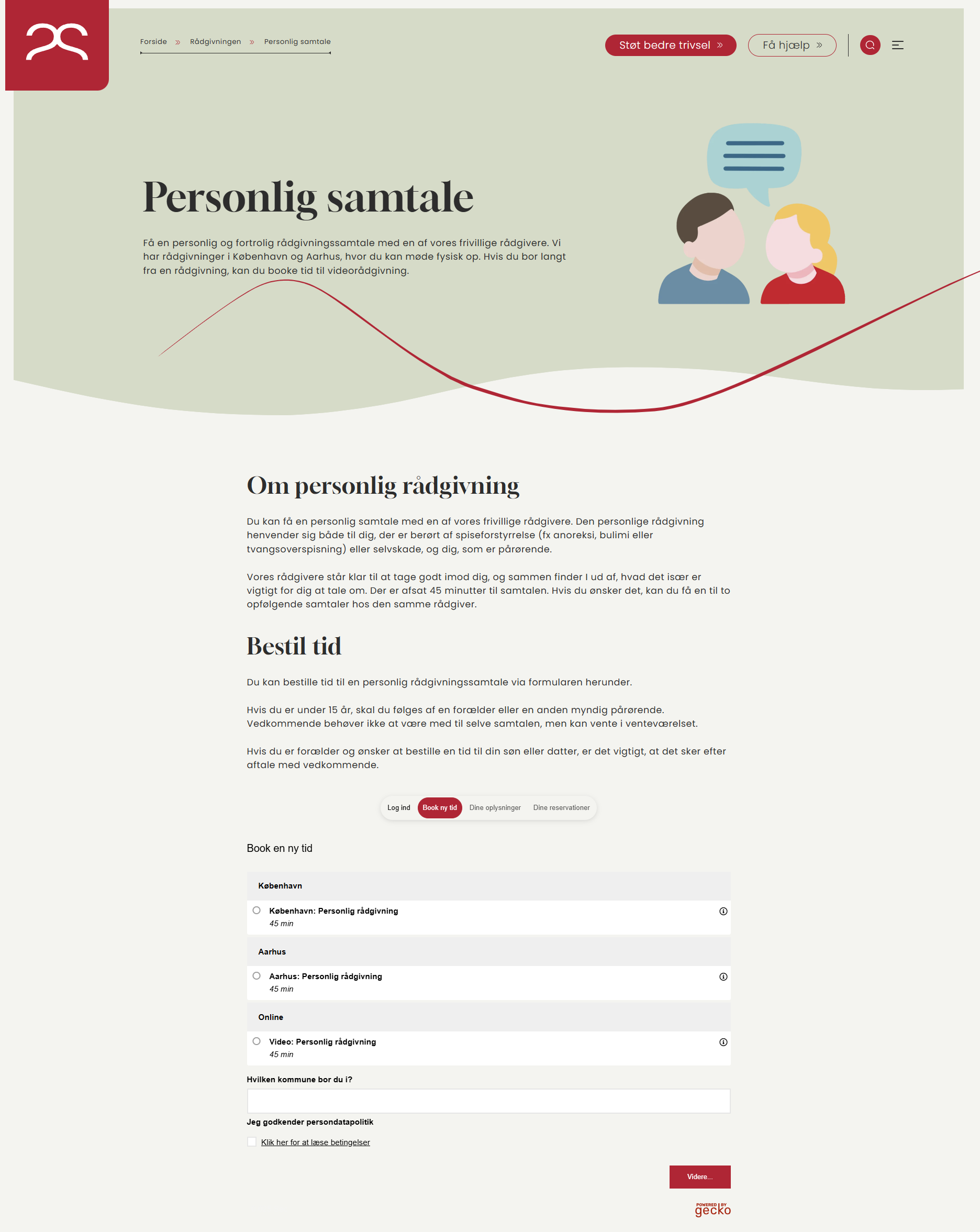 Bookingflow formular til booking af personlig samtale hos rådgiver hos Foreningen Somenta