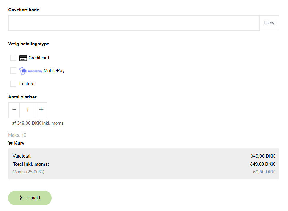 Gavekortbetaling ved online tilmelding
